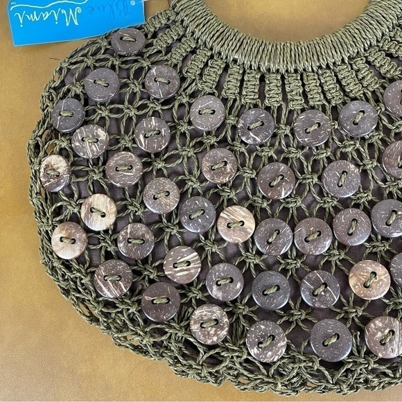 Blue Miami Woven Wooden Handle Button Embellished Bohemian Purse - Picture 3 of 11